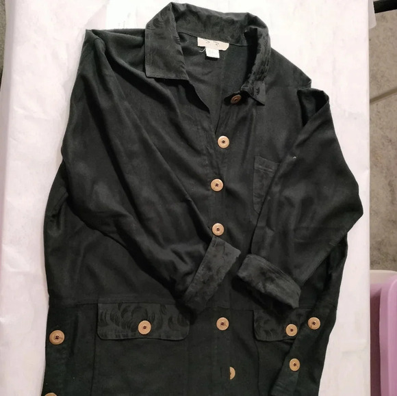 Paul Reid Sz 2/LG Women's Silk Black Jacket Shacket Cuff long Sleeves Floral - Picture 8 of 8